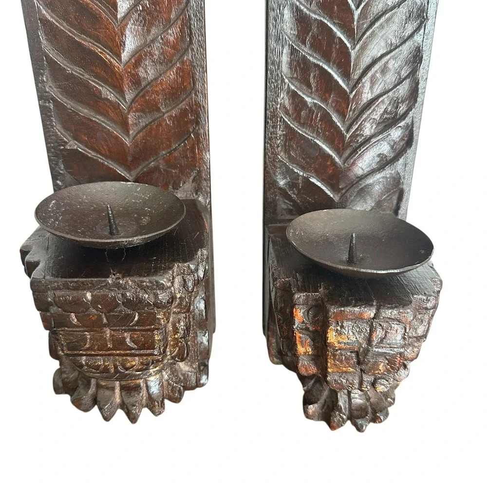 Antique Artisan Candle Holder 16 Inch English Oak Wood Pillars Stained Ferns‎